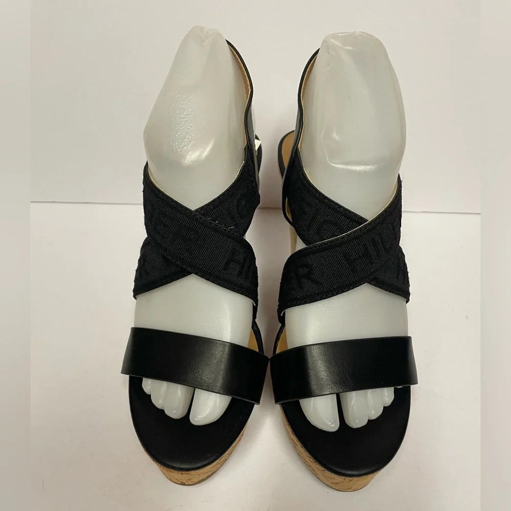 Tommy Hilfiger kezno vegan Black Wedge Sandals heels crisscross cork 6.5